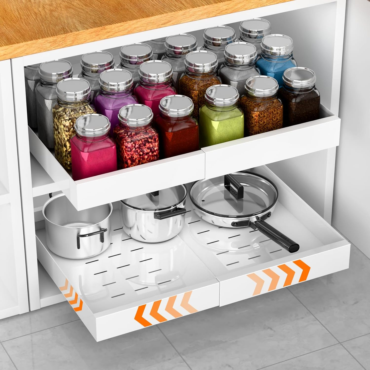 FLSEPAMB 2 Pack Pull Out Cabinet Organizer, Expandable Pull Out Kitchen Cabinet Organizer（31Cm to 53Cm W）, Pull Out Drawers with Adhesive Film for Kitchen Cabinet,Laundry, Pantry, Bathroom image number 1