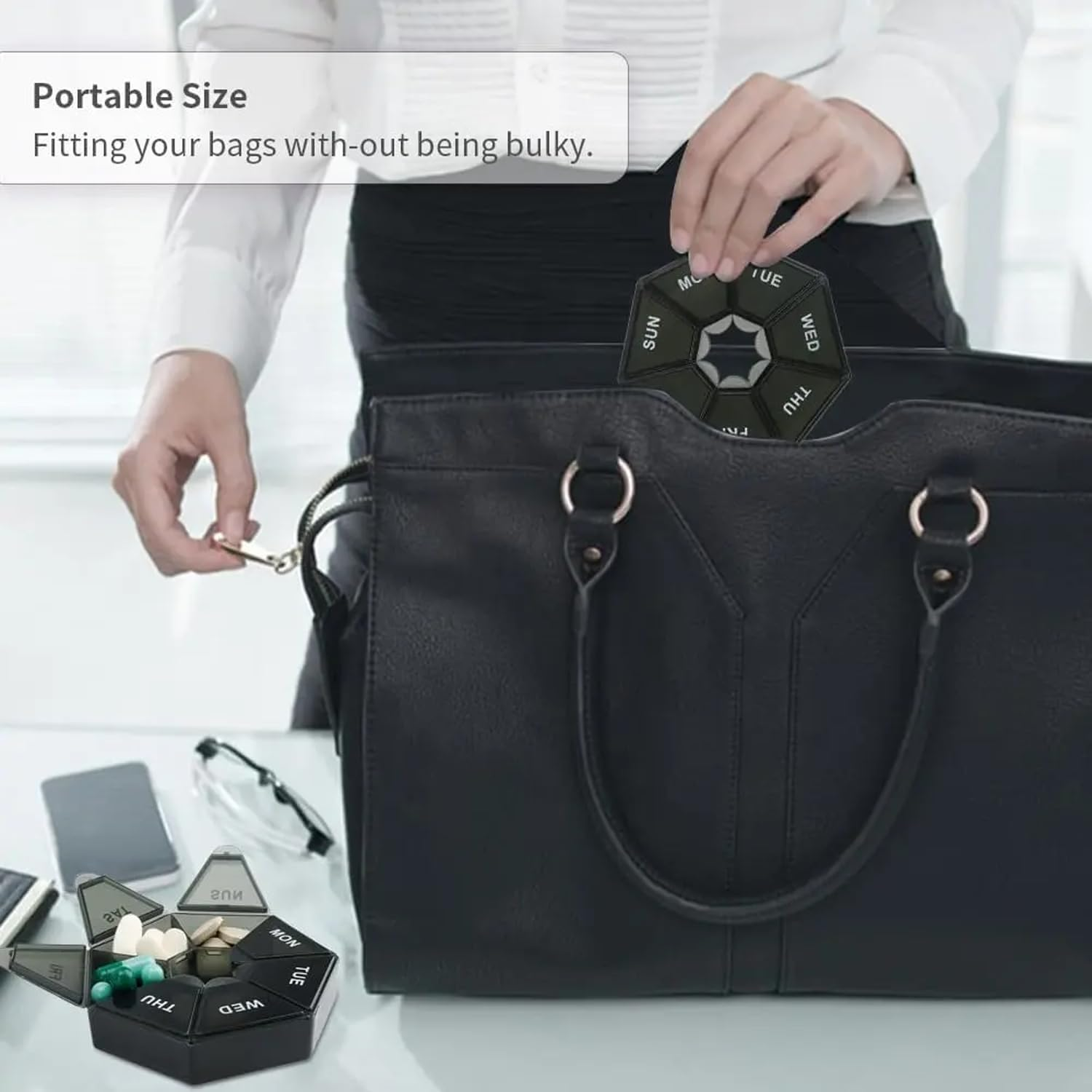 Weekly Pill Organizer, Portable Pill Organizers, with 7 Compartments, Travel Pill Case, for Vitamin, Medicine, Fish Oil, Supplements (Black) image number 4