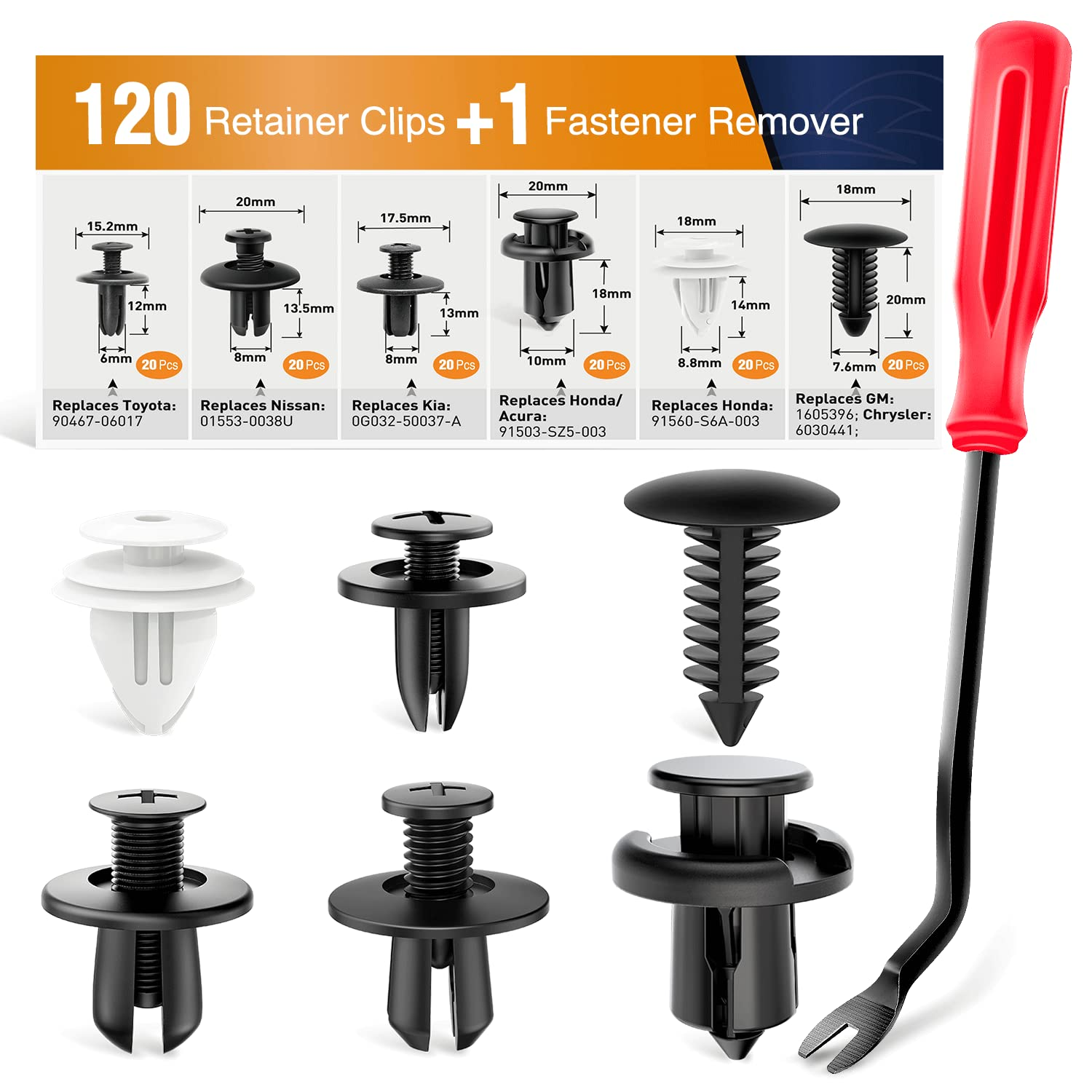 GOOACC 120PCS Car Bumper Push Retainer Clips & Nylon Fasteners Rivet Kit 6Mm 7.6Mm 8Mm 8.8Mm 10Mm Door Trim Panel Clips, 1PC Fastener Remover, Black image number 5