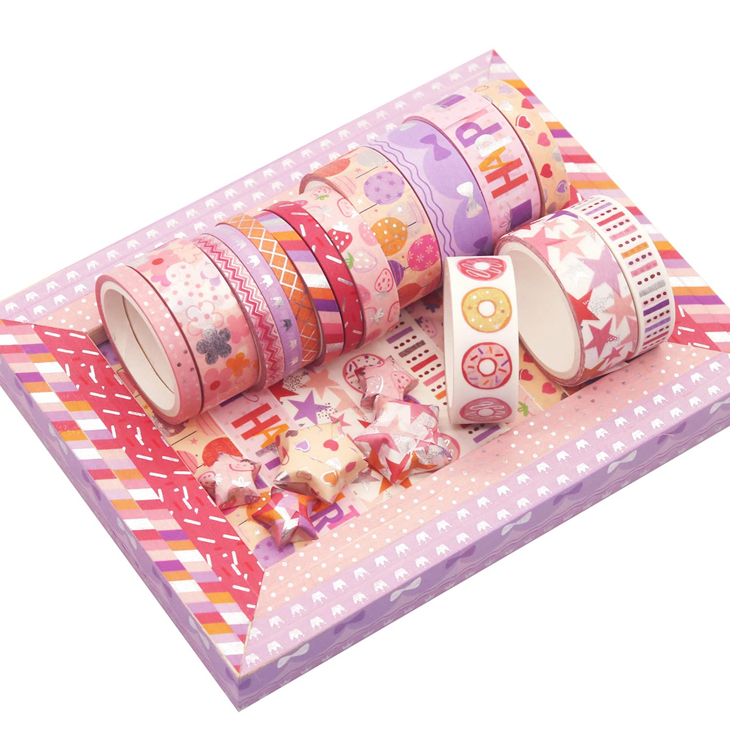 YUBX Birthday Washi Tape Set 15 Rolls Silver Foil Print Decorative Masking Tapes for Arts, DIY Crafts, Bullet Journals, Planners, Scrapbook, Wrapping image number 2