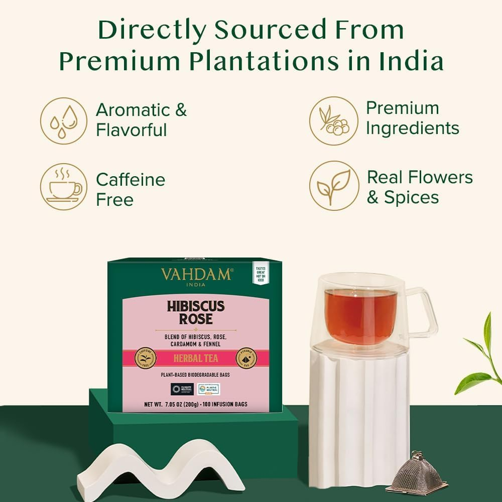 VAHDAM, Hibiscus Rose Herbal Tea Bags (100 Count) Caffeine Free, Non GMO, Gluten Free Hibiscus Tea | Floral Flavor Tisane - Hibiscus Rose Petals & Exotic Spices | Resealable Ziplock Pouch image number 6