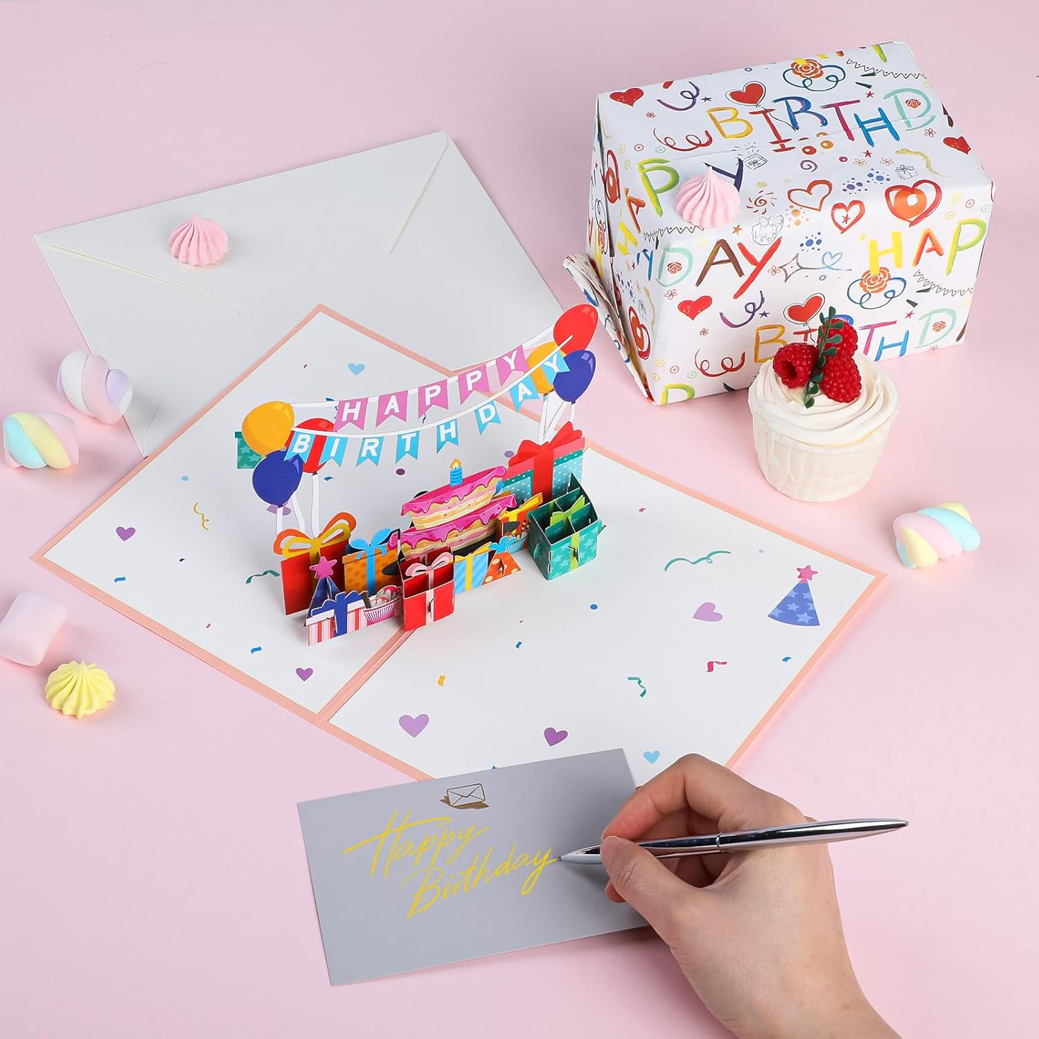 KIKISML Pop up Birthday Card, 3D Happy Birthday Greeting Card with Envelopes and Note Card, Blank Congratulation Gift Cake Flag Card for Men Women Husband Wife Mother Father Friend image number 3