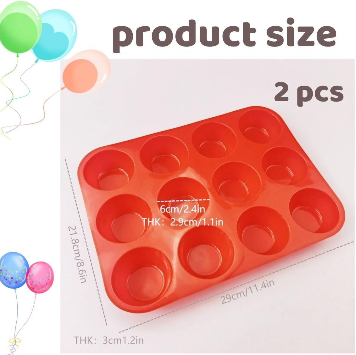 RJDJDLXM 2 Pack Muffin Tray, Silicone Muffin Mold 12 Cups, Cupcake Pan, Nonstick Baking Mould Dishwasher Safe for Muffin Tins, Cakes Microwave, Oven(Red) image number 1