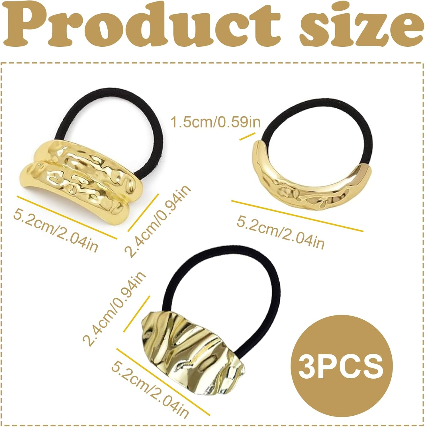 ASOMI Pack of 3 Metal Hair Bobbles, Metal Hair Cuffs, Elastic Hair Band, Geometric Golden Scrunchies Hair Scrunchies Holder, for Women and Girls
