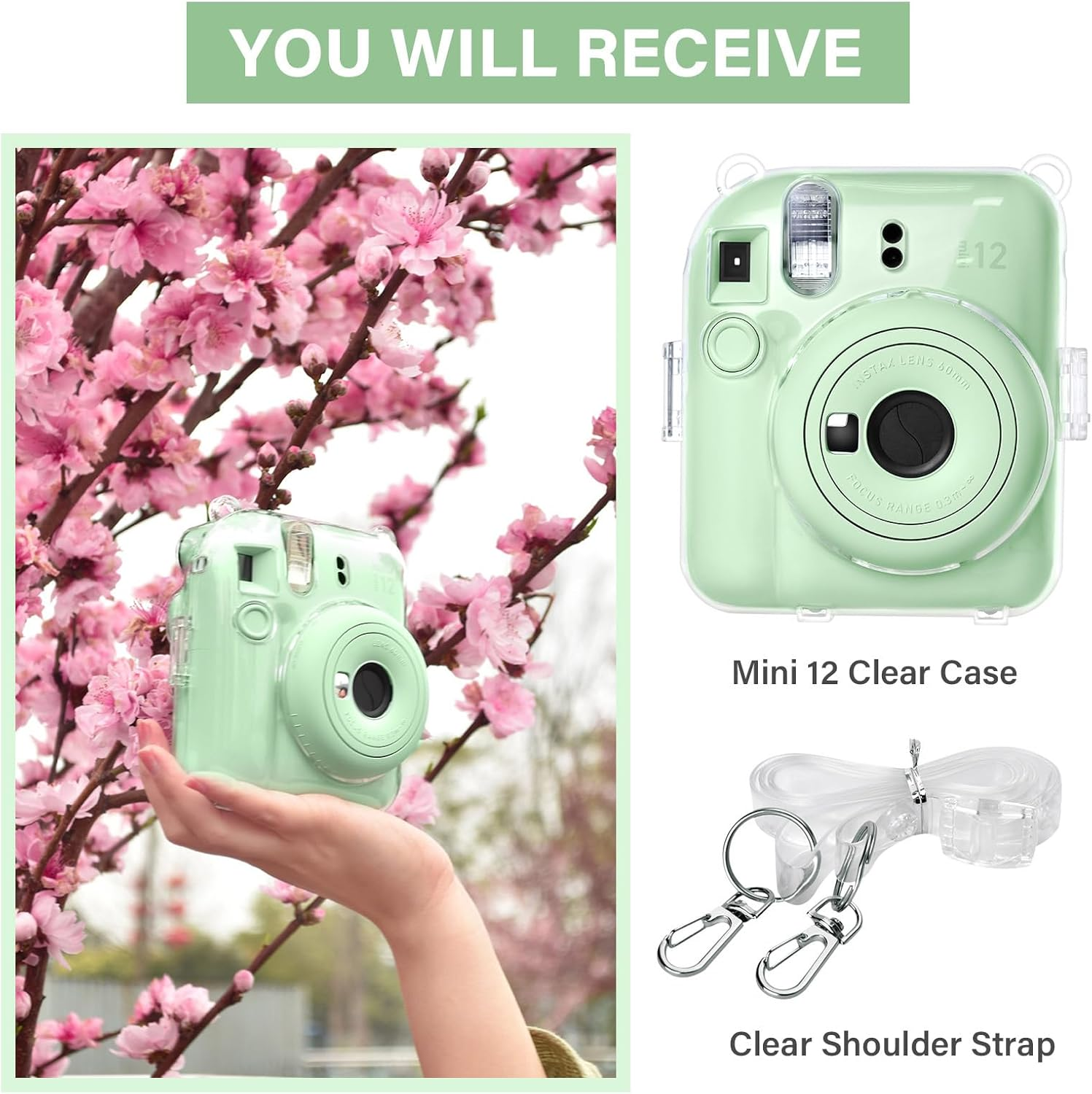 Rieibi Clear Case Compatible with Fuji Instax Mini 12, Hard Carrying Case Bag for Fujifilm Instax Mini 12 Instant Camera, PC Cover with Photo Storage Pocket & Shoulder Strap - Bundle Green image number 4