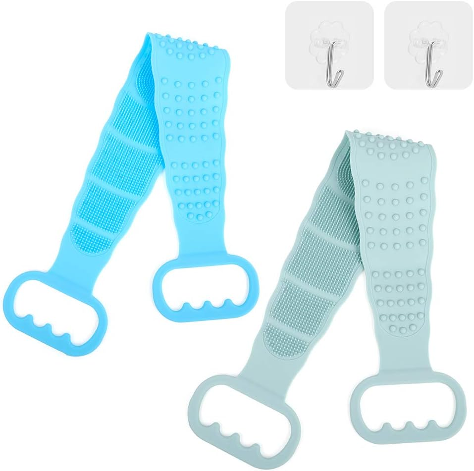 Baring 2 Pieces Silicone Back Scrubber Bath Body Brush Shower Brush Exfoliating Skin Massage Scrubber and 2 Pieces Transparent Adhesive Hooks, Blue and Green image number 2