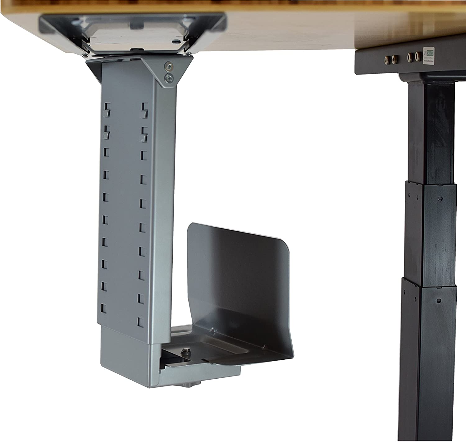 Swiveling Sliding Under-Desk Computer CPU Holder Adjustable Height Width Pc Tower Mount Swivels 360 Slides in and Out Ergonomic Office Desktop Sit Stand Standing Desk Accessories Accessory Metal