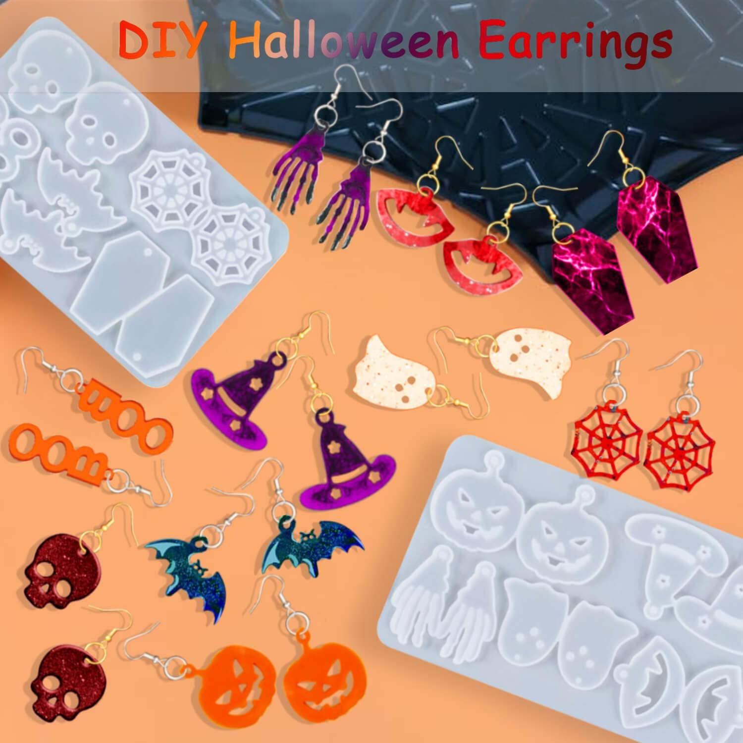 Rifanda 82 PCS Halloween Earring Pendant Resin Molds with Hole, 10 Pairs Halloween Silicone Molds with 40 Earring Hooks Skull Pumpkin Bat Spider Epoxy Resin Jewelry Keychains image number 2