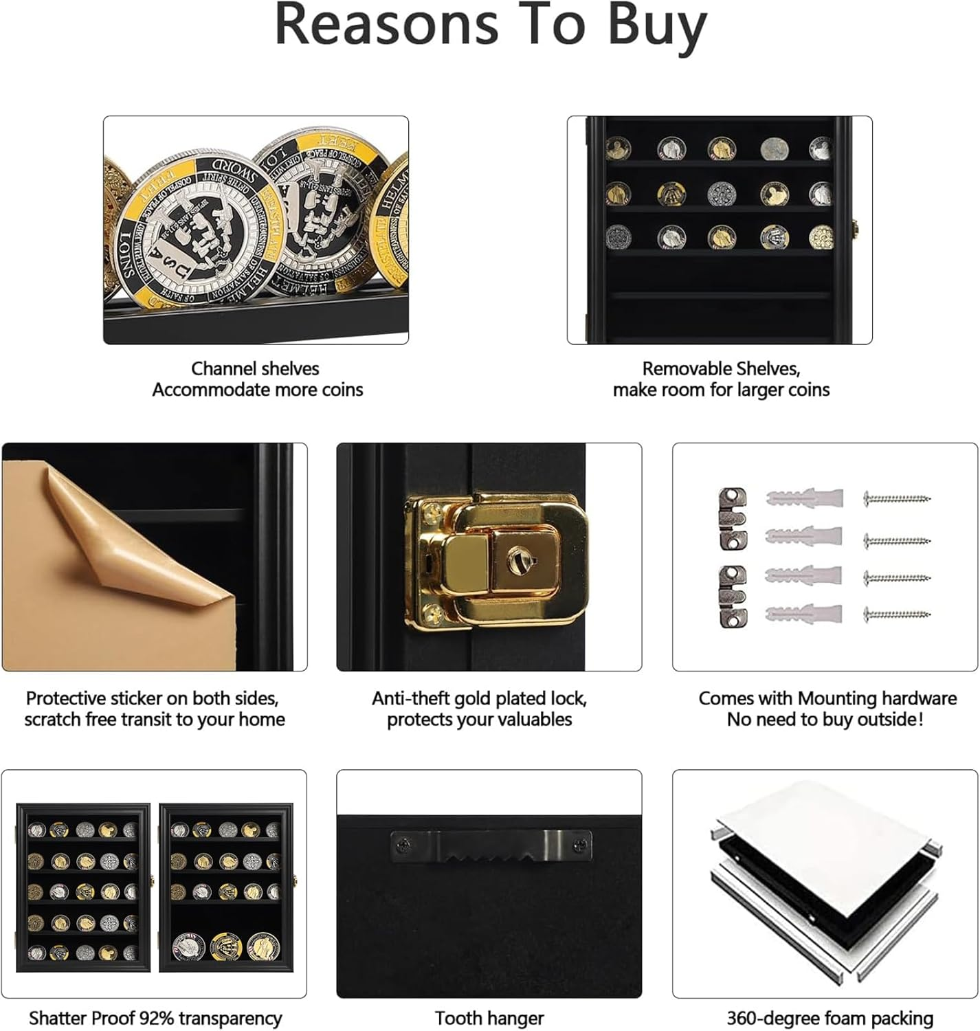 Sboitflmm Military Challenge Coin Display Case Lockable Cabinet Shadow Box with Removable 2 Grooves Shelves and anti Fade Acrylic Glass Door for Casino Poker Chips Collectibles Small Black image number 5