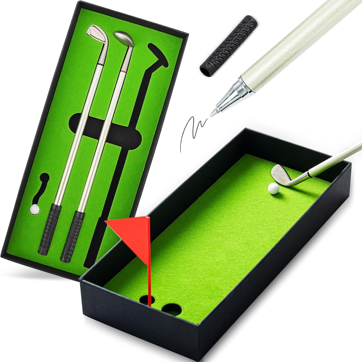 Upgraded Desktop Golf Pen Set - Includes Putting Green with Ball and Flag, Top Mini Golf Club Toy Driving Range, Golf Ball & Ballpoint Pen for Father, Trade Pen,Valentine'S Day