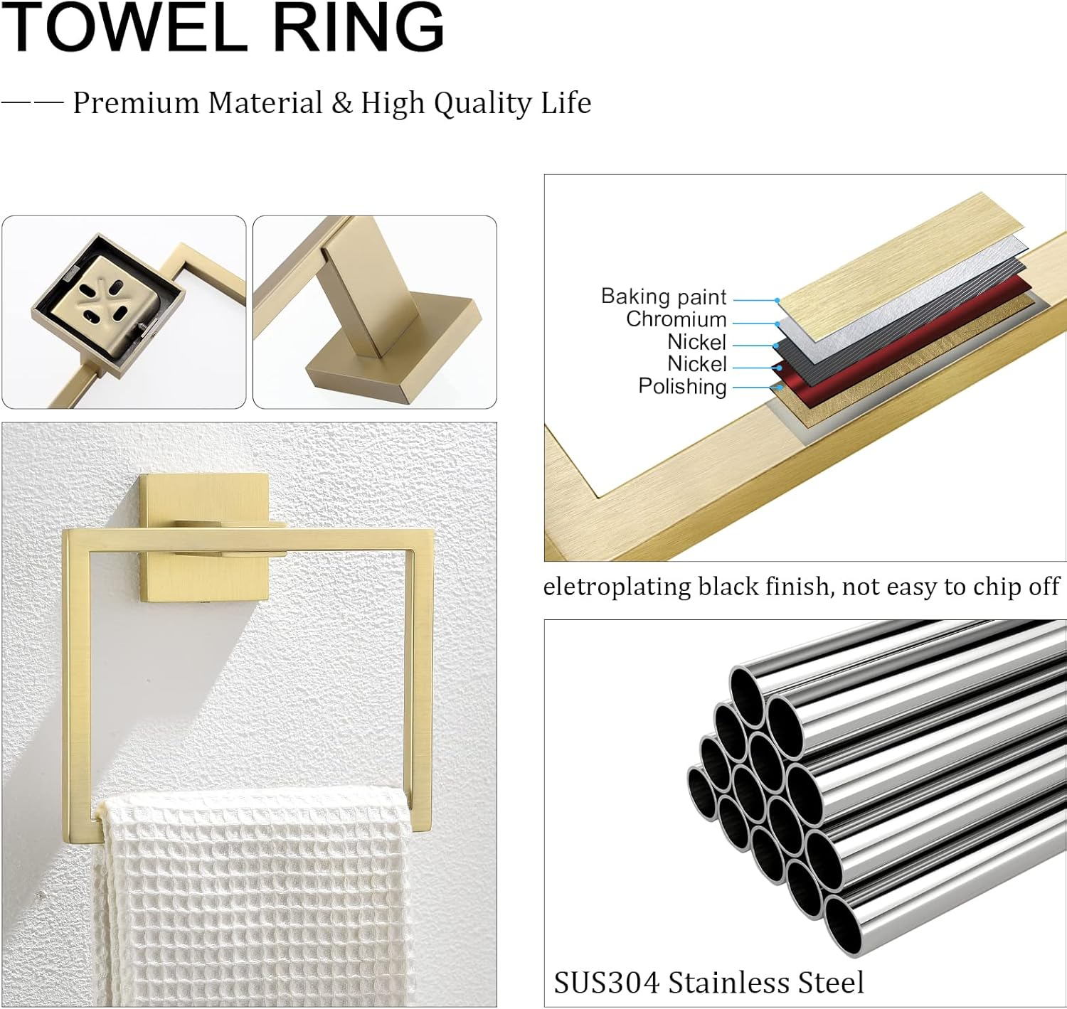 TQKAG Brushed Gold Towel Ring Bathroom Hand Towel Holder Stainless Steel Square Towel Bar Hangers Wall Mounted - Brushed image number 4