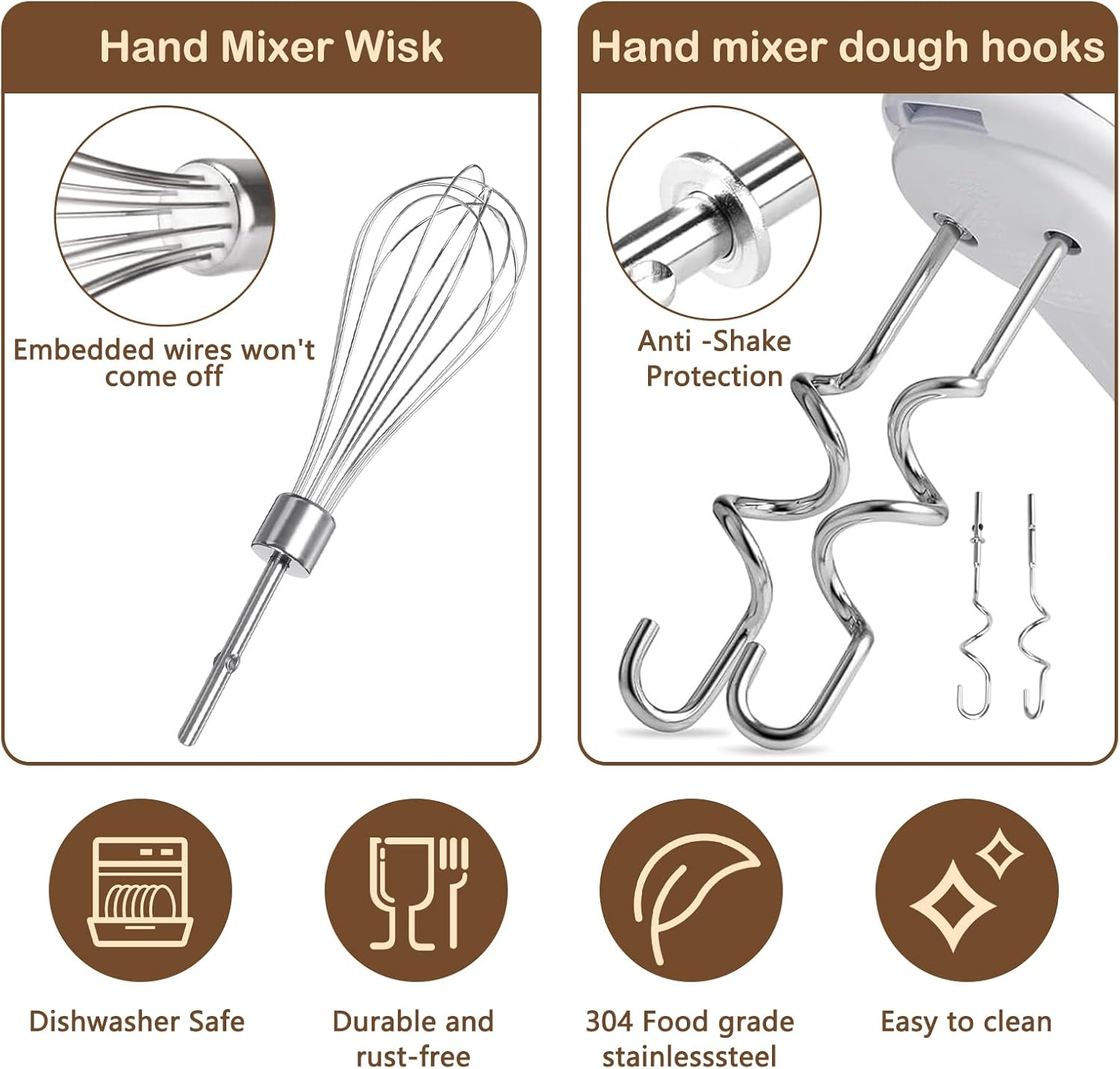 Stainless Steel Mixer Attachments Set - Includes Beaters, Dough Hooks & Whisk for Kitchenaid & Hand Mixers - Ideal Kitchen Accessory for Effortless Mixing, Blending and Whisking - 3 Piece Set image number 4
