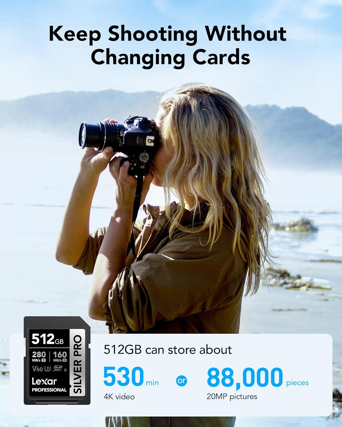 Lexar Silver PRO SD Card 512GB, UHS-II SD Memory Card, V60, U3, C10, up to 280Mb/S Read, 160Mb/S Write, SDXC Card for Dslr/Camera/Professional Photographer/Videographer/Enthusiast (LSDSIPR512G-BNNAA) image number 1