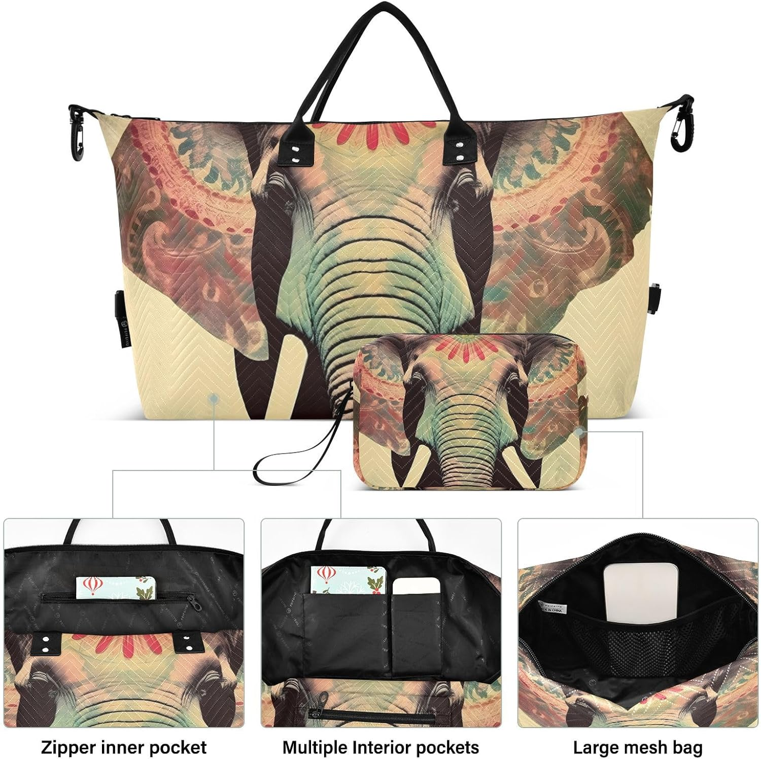 XYMZR Large Travel Duffel Bag, Boho Elephant Colorful Sports Tote Gym Bag, Shoulder Weekender Overnight Bag for Women Men, Carry on Luggage with Toiletry Bags, Multi-Colored, Multi-Colored image number 6