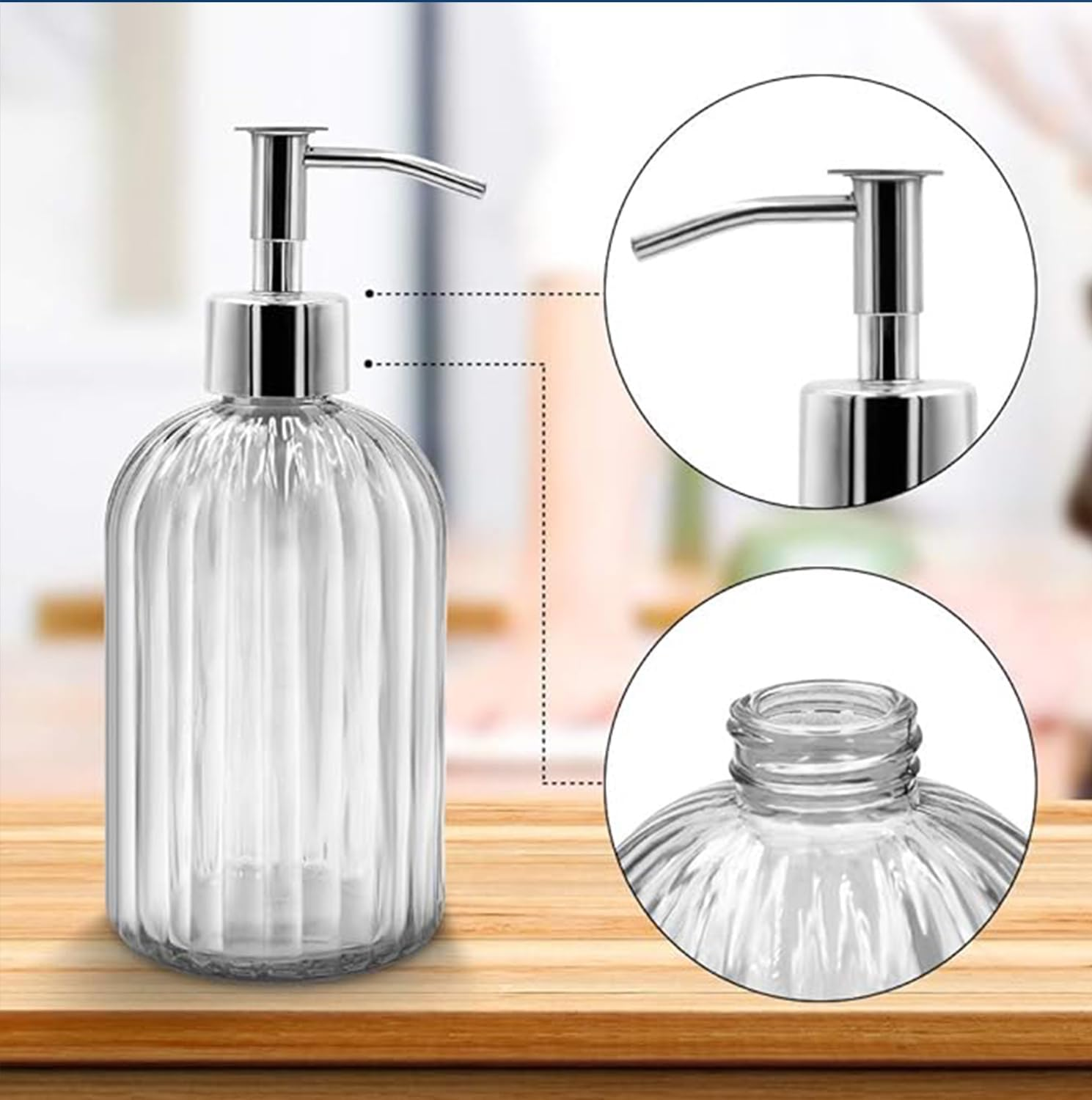 Clear Glass Soap Dispenser (2 Pack 400ML) Refillable Hand Soap Dispenser Vertical - Stripe Bathroom & Kitchen Dispensing Containers (Yellow)