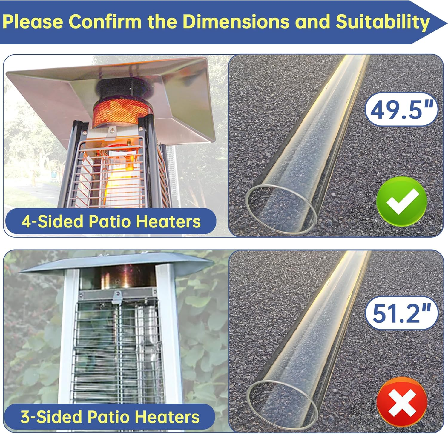 Patio Heater Glass Tube Replacement, 49.5" Tall 4" Diameter, Glass Tube Patio Heater with Ring, Fits 4-Sided Patio Heaters, Compatible with Hiland, Fire Sense, and More