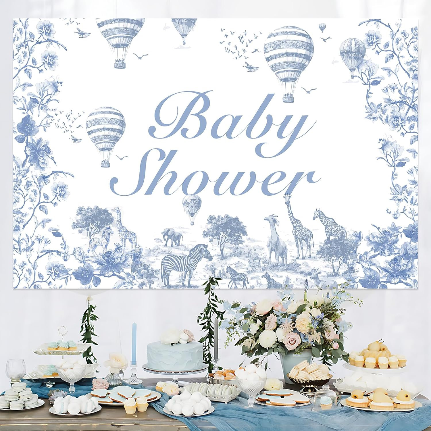Wonmelody Jungle Safari Baby Shower Backdrop 5 * 3 Ft Dusty Blue Jungle Baby Shower Decor Chinoiserie Party Decor Jungle Animal Theme Giraffe Elephant for Chinoiserie Floral Baby Shower Birthday