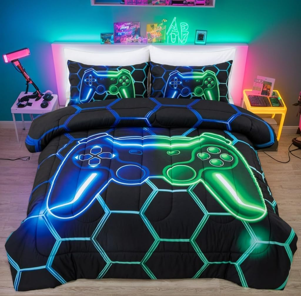 NTBED Game Console Comforter Set for Boys Girls Kids 3D Gaming Geometric Lightweight Microfiber Bedding Sets (Blue, Queen)
