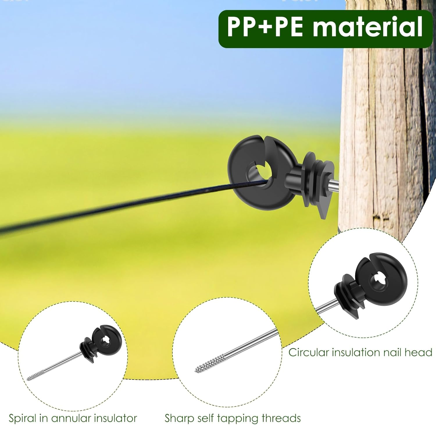 51Pcs Electric Fence Wire Insulator, Black Steel Insulator Stand off Screw for Wooden Post, Agricultural Fencing Accessories for Tape Rope Electric Wire Animal Agricultural Garden image number 5