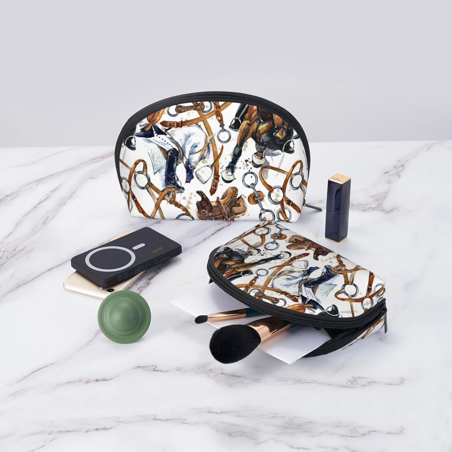 Cozimangoe Coin Pouch Makeup Bags Set, 2 Piece Shell Shape Cosmetic Bag with Pockets for Daily Travel Handbag Lipstick Keys Toiletry, Personalized Horse Racing Harness Horse image number 5