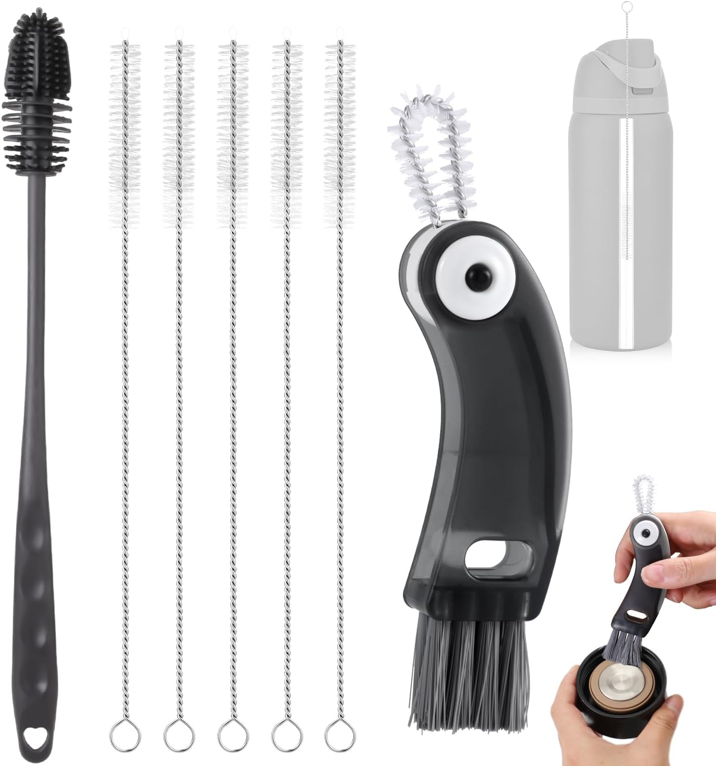 7Pcs Water Bottle Brush Kit, Silicone Bottle Cleaning Brush with Long Handle Straw Cleaner Multifunctional Cup Lid Brush Clean Accessories for Owala Freesip 24Oz/32Oz/40Oz