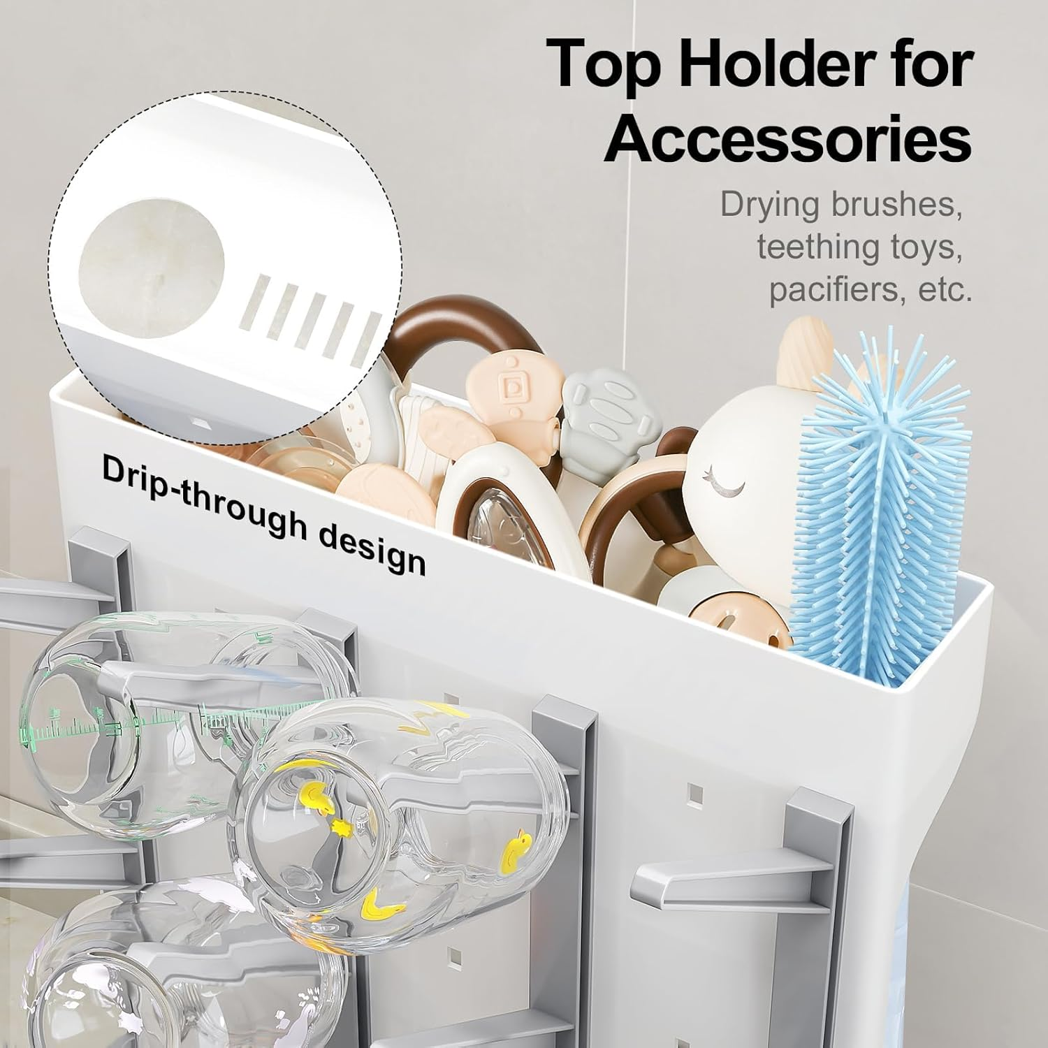 Baby Bottle Drying Rack, Space Saving Vertical Bottle Dryer Holder - Baby Accessories Storage Stand Organize Brushes Pacifiers on Countertop - Bpa-Free - Grey - Blue image number 7