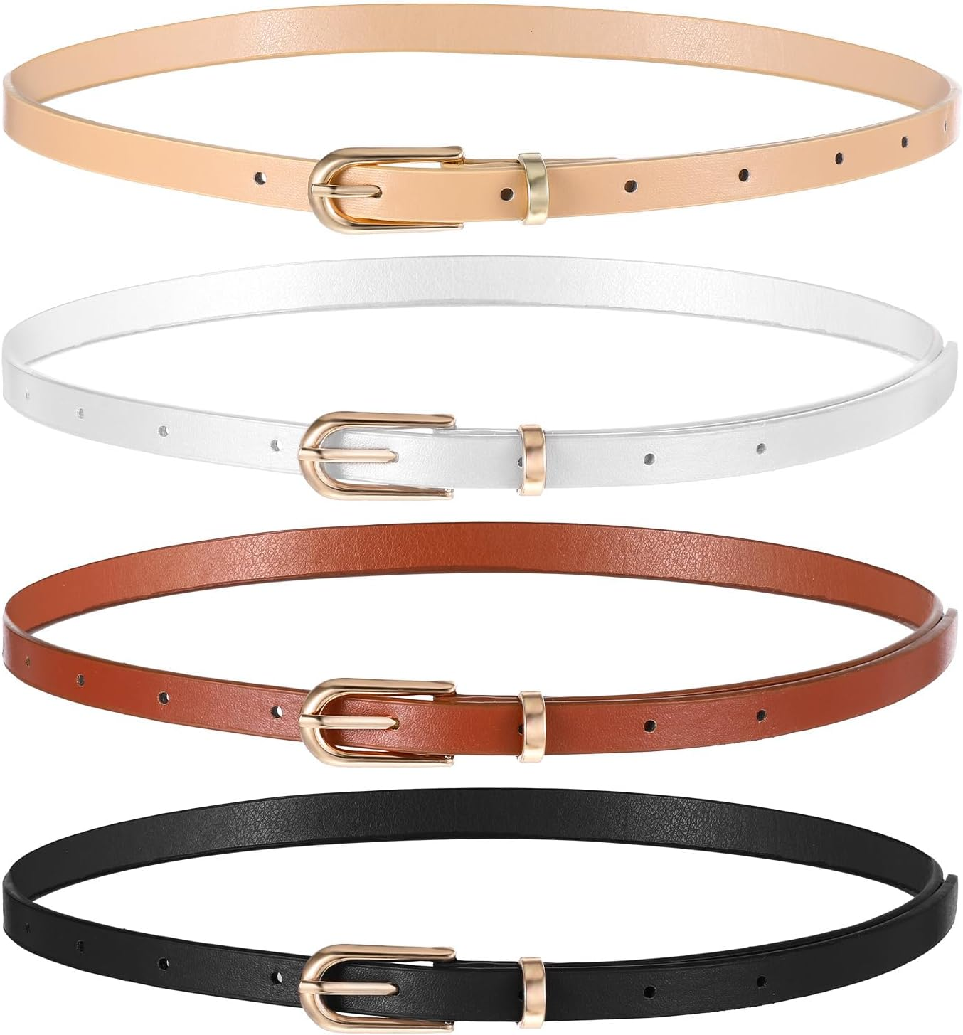 Wanmu 4 Pack Women Skinny Leather Belts for Jeans, Thin Waist Belt with Metal Buckle for Ladies, Dresses, Pants (39 Inches, White, Black, Cream Color, Coffee) image number 2