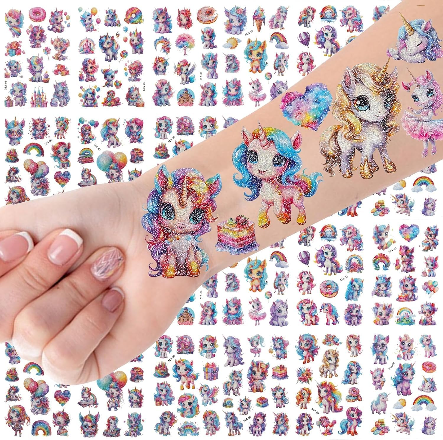 BUYUP Temporary Tattoo Kids,145Pcs Glitter Styles Unicorn Temporary Tattoos - Perfect for Unicorn Birthday Party Decorations, Favors, Supplies, Gifts Goodie Bag Fillers, 12 Sheets image number 6
