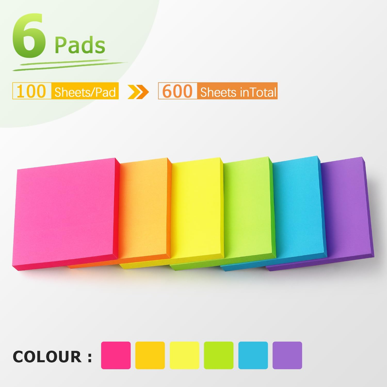 Sticky Notes 3X3 Inch Bright Colors Self-Stick Pads 6 Pads/Pack 100 Sheets/Pad Total 600 Sheets image number 3