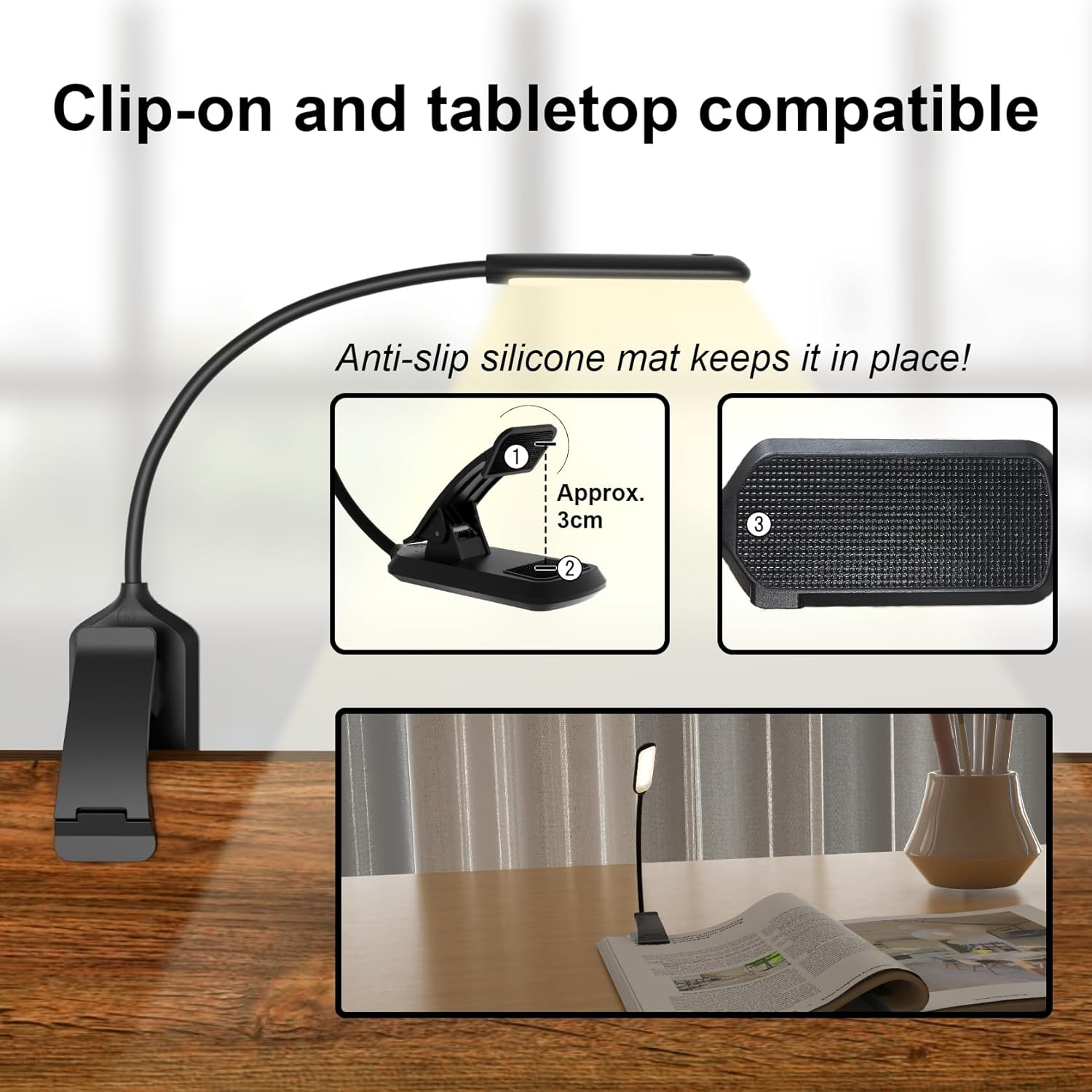 LUTW LED Book Light, 3 Eye-Friendly Colours and Stepless Dimming Reading Light, USB Rechargeable Clip on Light, Long Battery Life, Flexible Arm, Lightweight, for Bedside, Desk & Study, Black image number 2