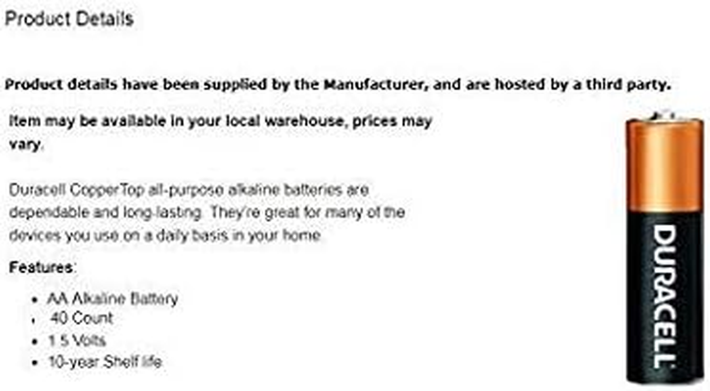 Duracell MN1500 Duralock Copper Top Alkaline AA Batteries - 40 Pack Size: Alkaline Coppertop AA - 40 Count, Model: MN1500, Electronics & Accessories Store