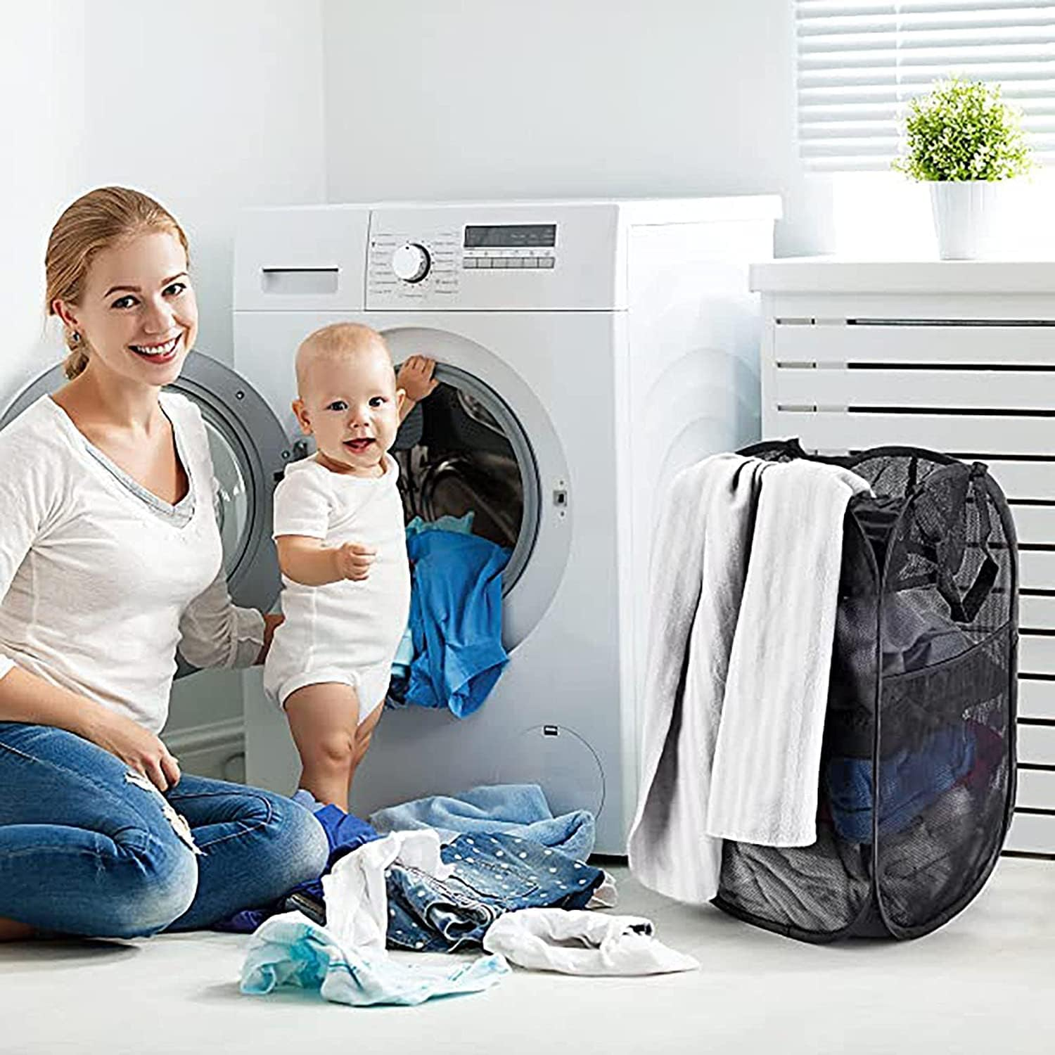 Reinforced Mesh Pop-Up Laundry Hamper, Quality Laundry Basket with Handles Solid Bottom High Carbon Steel Frame, Easy to Open and Fold Flat for Storage, College Dorm or Travel image number 3