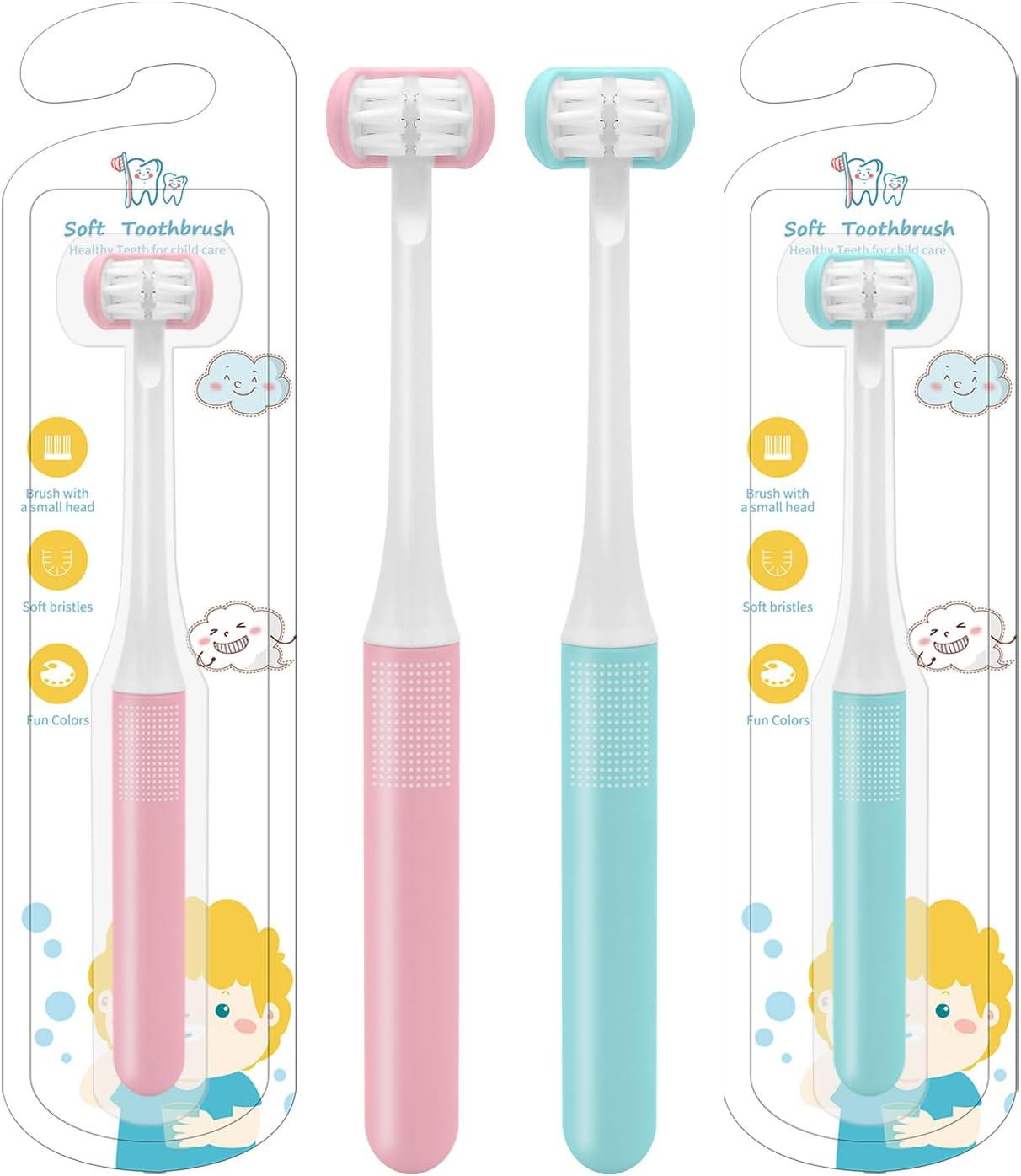3 Sided Toddler Toothbrush - Soft Bristles Kids Toothbrush with Silicone Elastic Heads