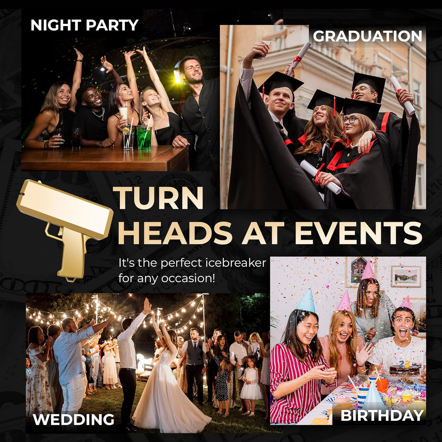 Gold Make It Rain Money Gun - Handheld Spray Cash Gun with 200 Pcs for Game Movies Party Supplies (Golden)