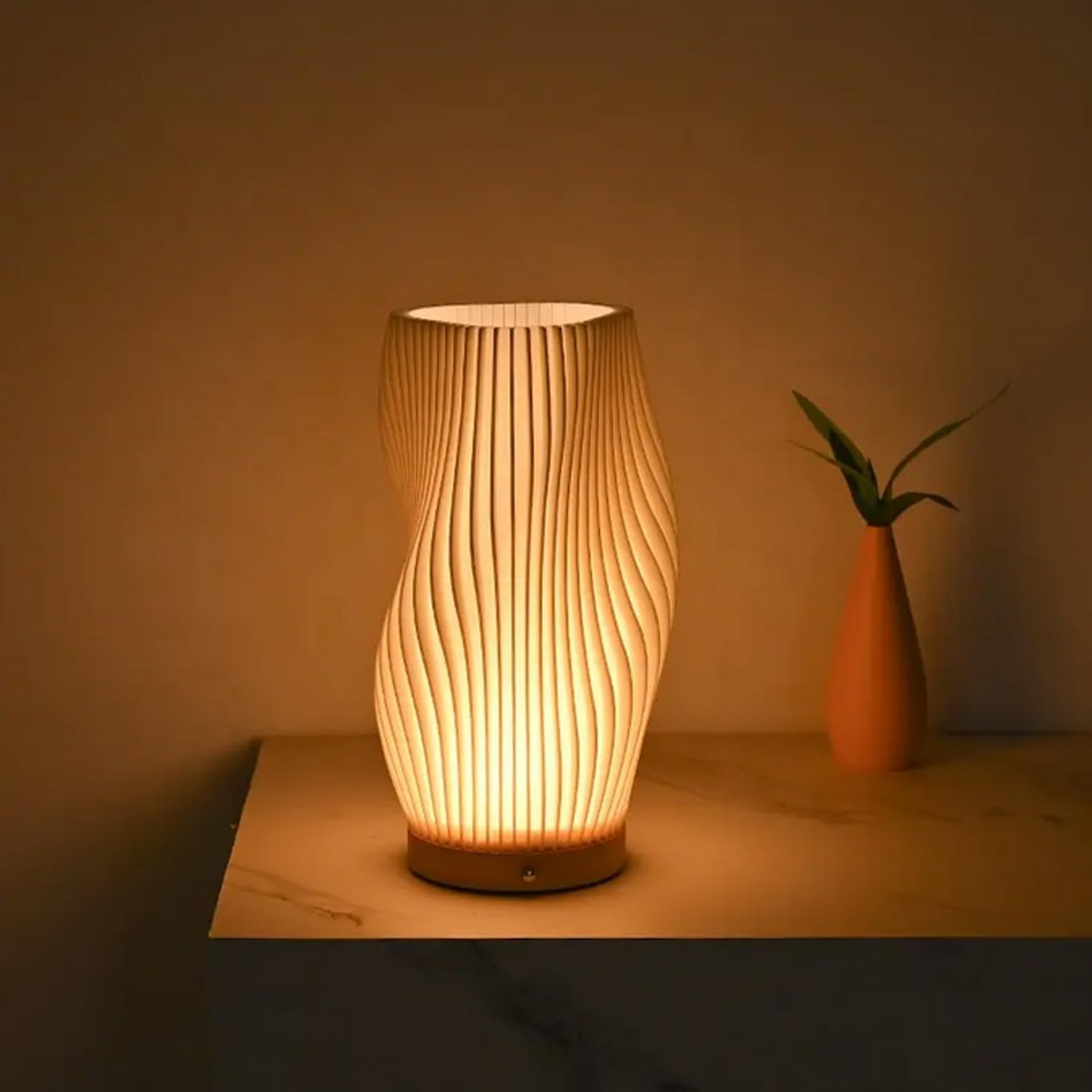 Table Bedside Lamp with Woodbase, Button Control Night Light for Bedroom, Dimmable Nightstand Lamp with PLA Lampshade for Living Room, Kids Room, College Dorm, Office image number 2