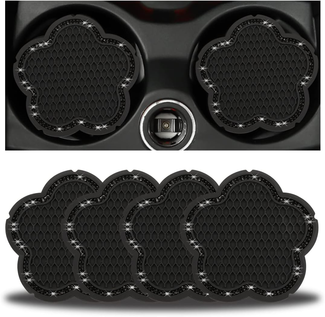 BELOMI 4PCS Bling Car Cup Holder Coaster, 2.75 Inch Crystal Anti-Slip Vehicle Cup Holder Insert Coaster, Rhinestone Cute Plum Blossom Pattern Auto Drink Mat, Universal for Women Girls(Pink)