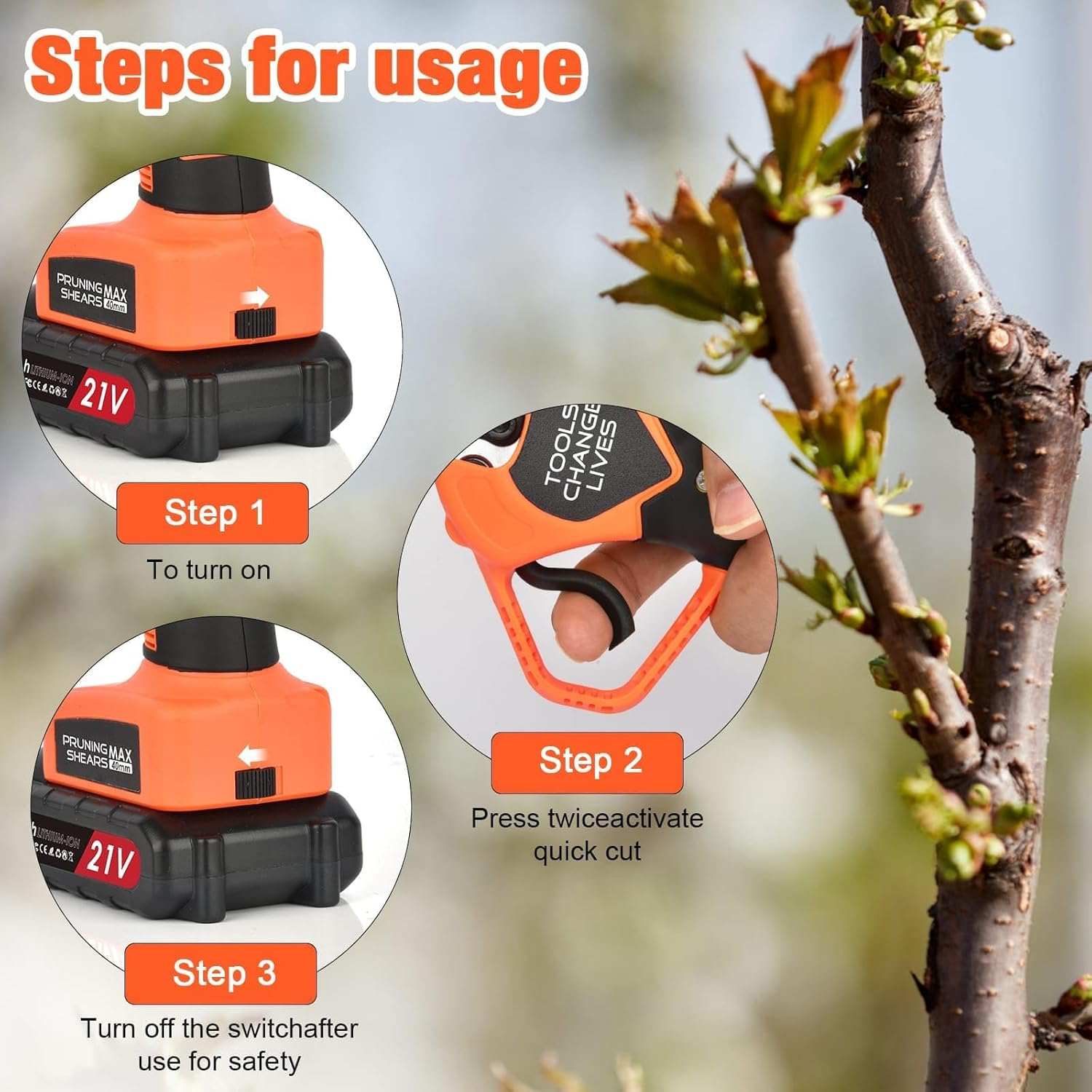 Electric Pruning Shears, 40Mm Cutting Diameter Cordless Power Pruner for Gardening with 2Pcs 2000Mah Rechargeable Batteries & Replacement Blades Set, Tree Pruner Branch Cutter image number 3