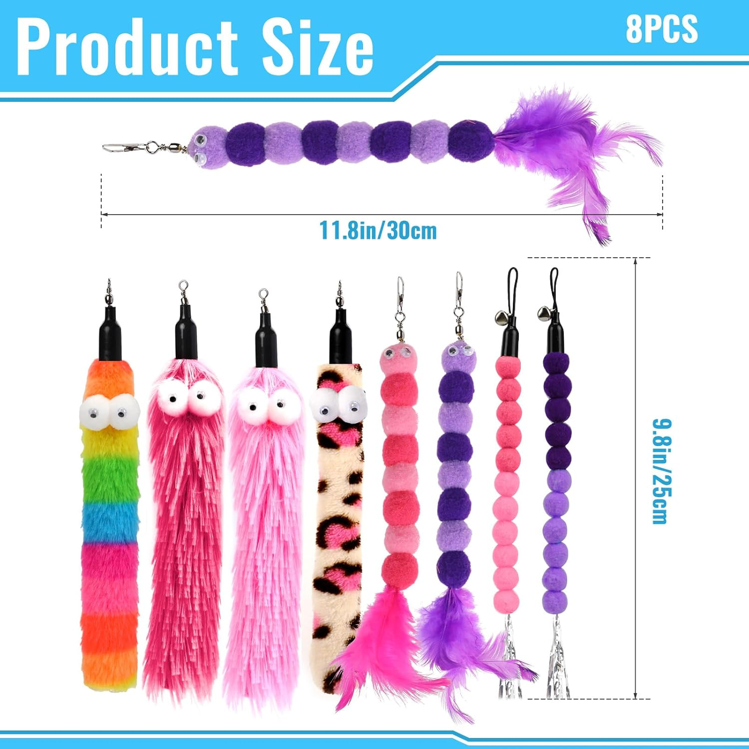Styquenzer Cat Worm Toy Refills, 8 Pieces Cat Wand Replacement Worm Cats Toys Assorted Worms Feather Refill Toy Cats Wand Attachments for Interactive Indoor