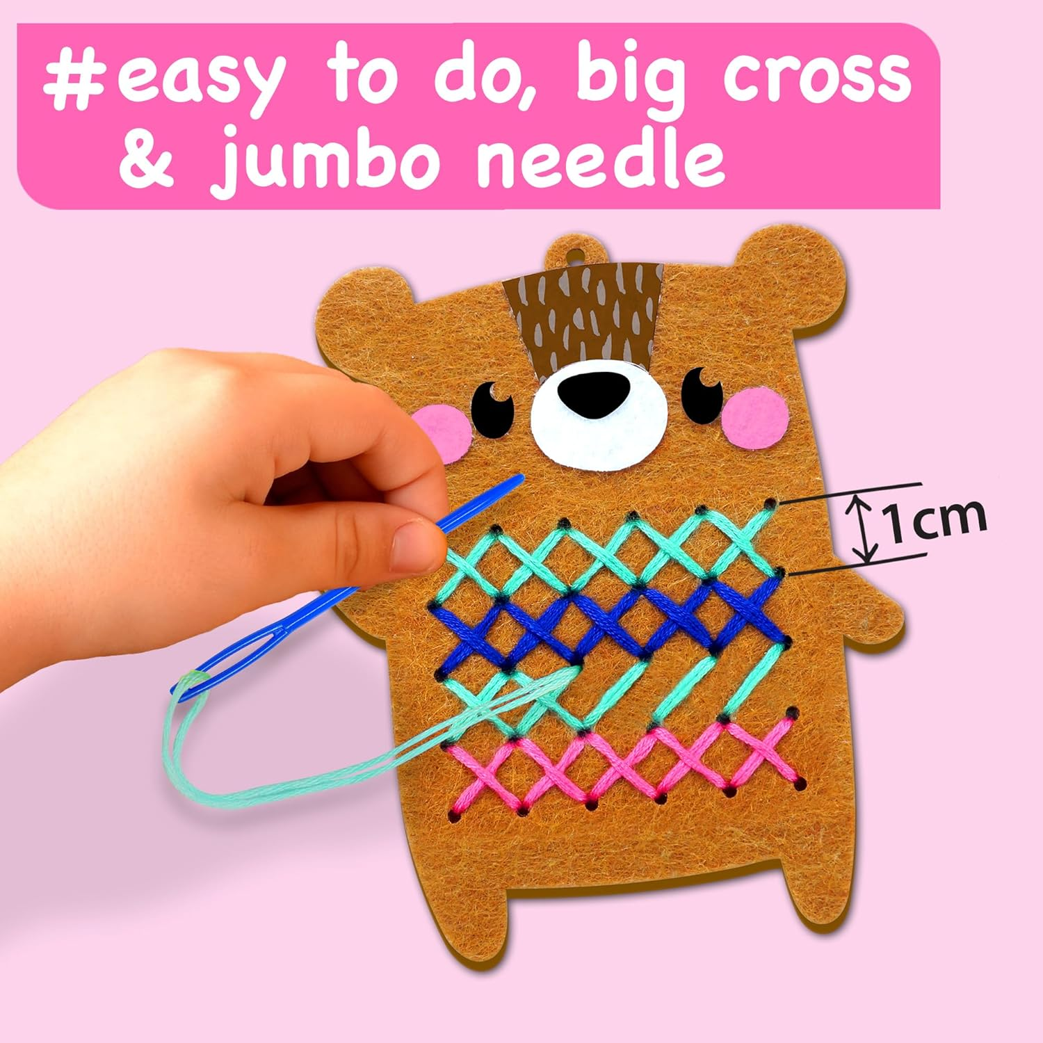 EZCRA Easy Arts and Crafts for Kids - Beginner Cross Stitch Kits for Kids - Extra Large Cross Stitch with Jumble Needle - 10 No Mess Animal Projects - Everything Included - Age 4,5,6,7,8