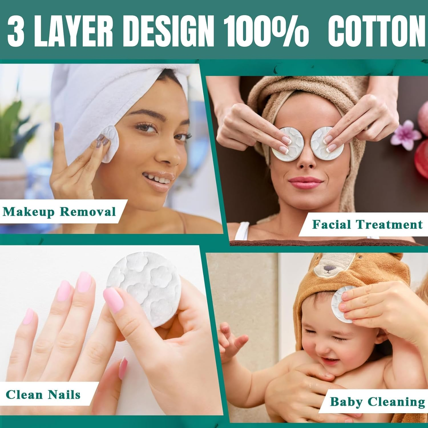 300 Count Premium Cotton Rounds, Makeup Remover Pads, Pure & Natural Facial Cleansing round Pads, Lint-Free, 3 PACK image number 3