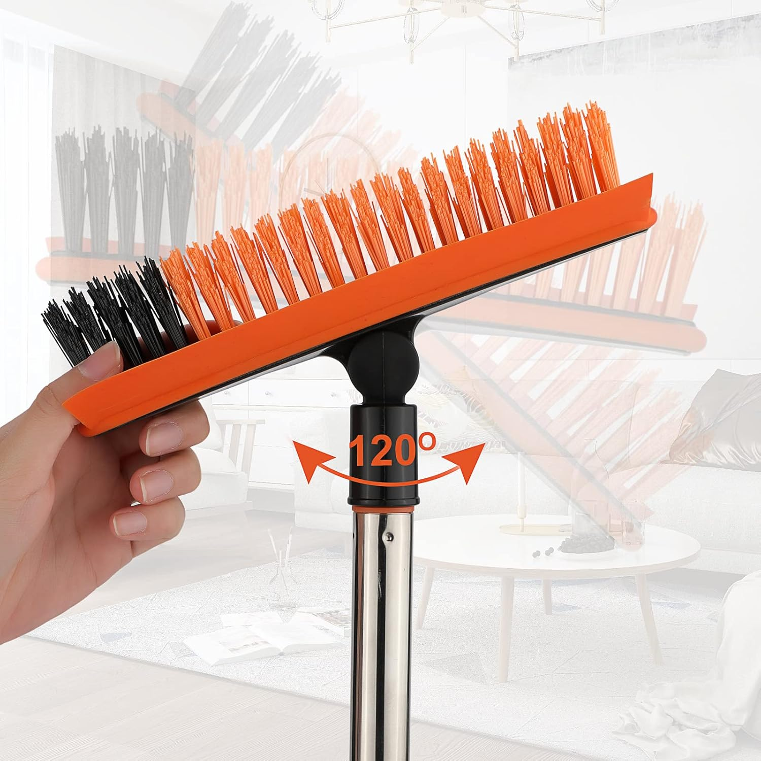 Homilifibra 2 in 1 Floor Scrub Brush Grout with 57.8'' Long Handle,120&deg;Rotatable Shower Tile Scrubber,Kitchen Bathroom Crevice Squeegee,V-Shaped Corner for Hard to Reach Areas Black&Orange - Blue image number 2