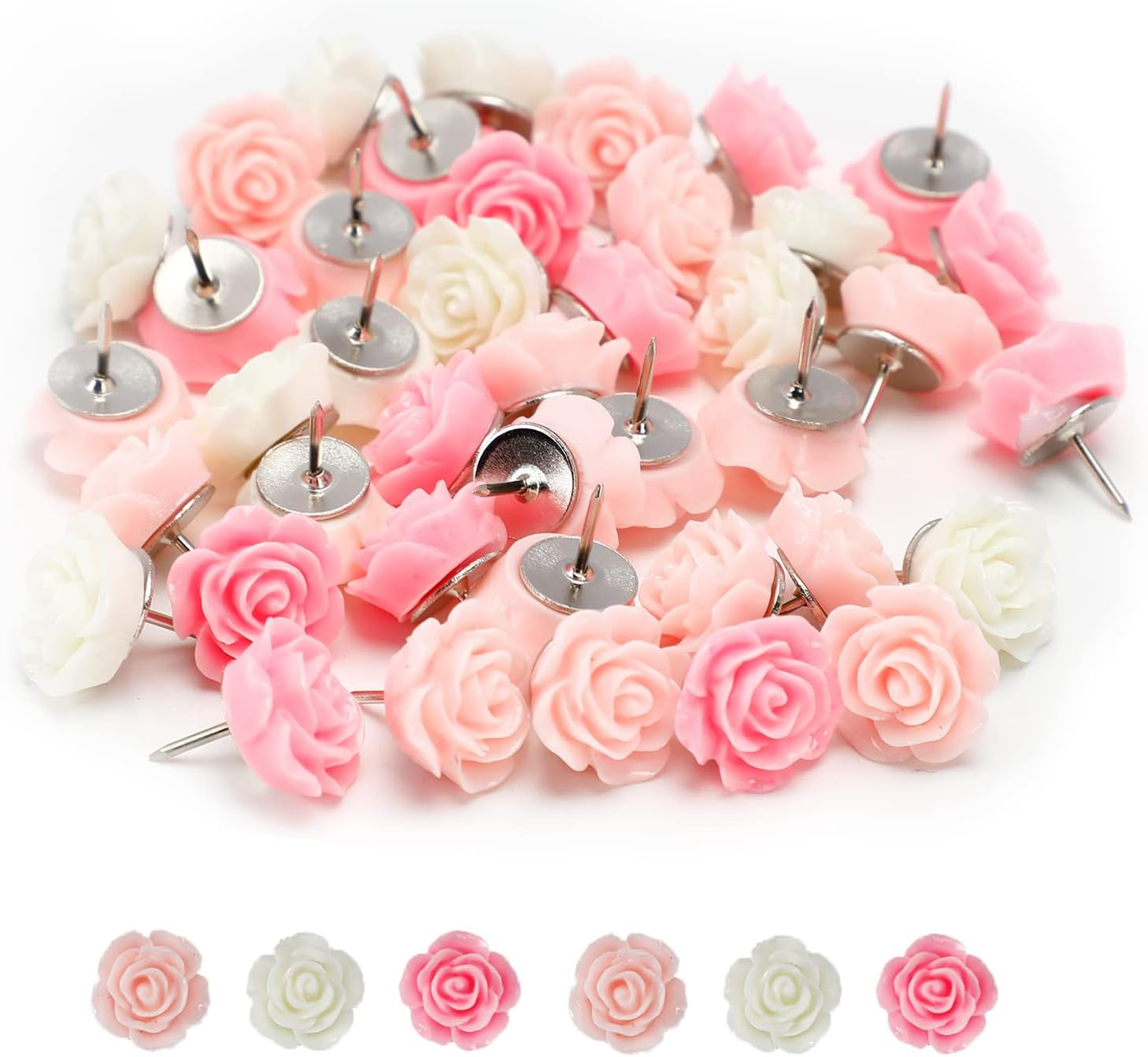 40Pcs Rose Theme Push Pins Rose Thumb Tacks Decorative Flower Cork Board Tacks for Bulletin Board, Photos Wall Maps and Other Offices Schools Supplies and Accessories, Resin&hellip; - Green,Transparent,Yellow image number 6