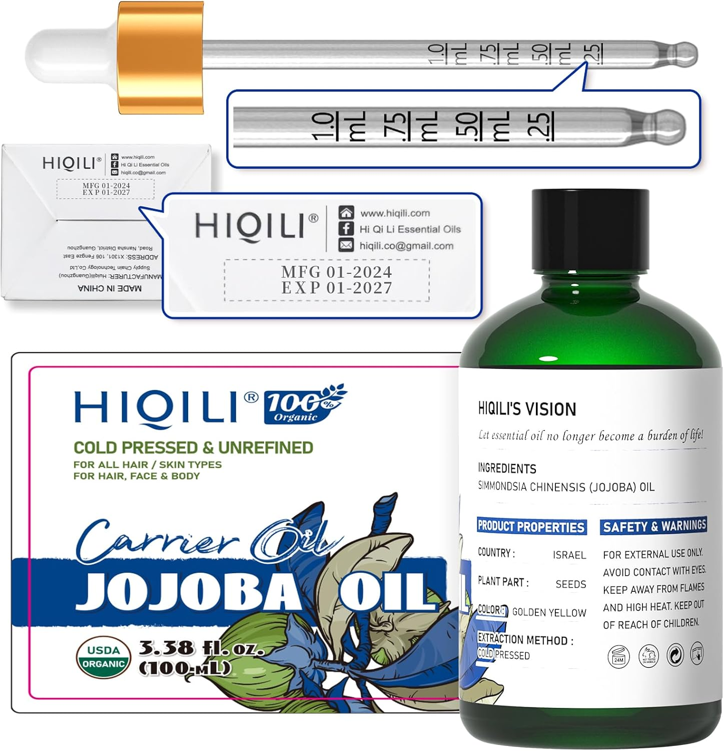 HIQILI Jojoba Oil Organic, Cold Pressed & Unrefined Jojoba Essential Oil Perfect for Skin, Hair Growth, Nails, Massage, Body Care 100Ml image number 4