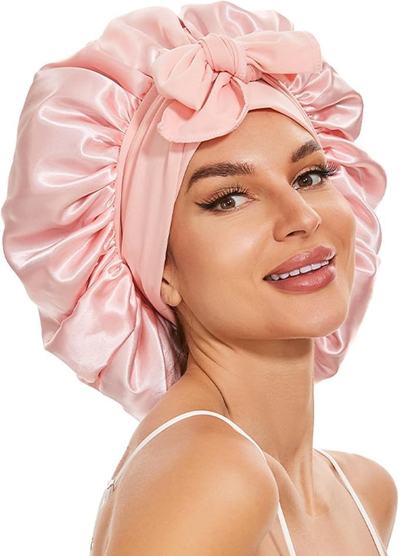 Large Silk Bonnet for Sleeping, Satin Hair Bonnet for Sleeping with Tie Band, Double Layer Satin Bonnets for Women Natural Curly Hair Shower Cap (Pink, L(16.5Inch))