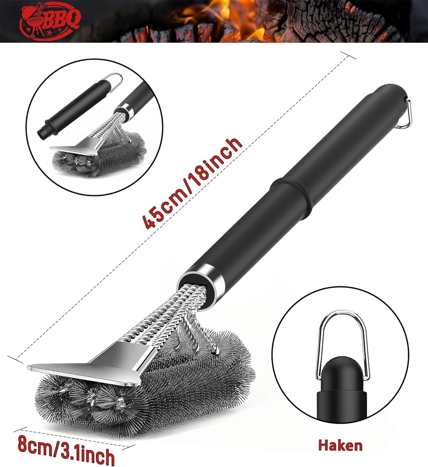 Cozioz 45 CM BBQ Grill Brush with Scraper &ndash; Adjustable Handle for Easy Cleaning of Outdoor Grills, Smokers, Gas & Charcoal Grills image number 4