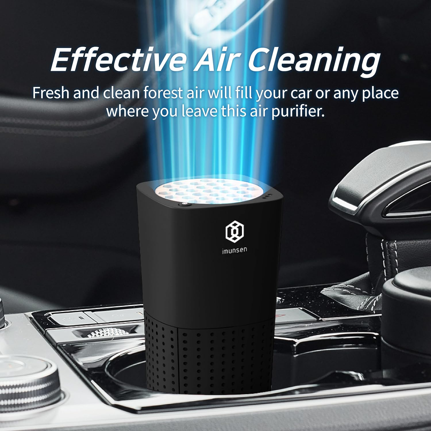 IMUNSEN M-003B Car Air Purifier with Cypress Wood, 4-Stage Filtration, H13 True HEPA Filter, Captures Smoke, Odors, Mold, Allergens, USB Port 5V Car, Desk and Office, Made in Kroea &ndash; Black