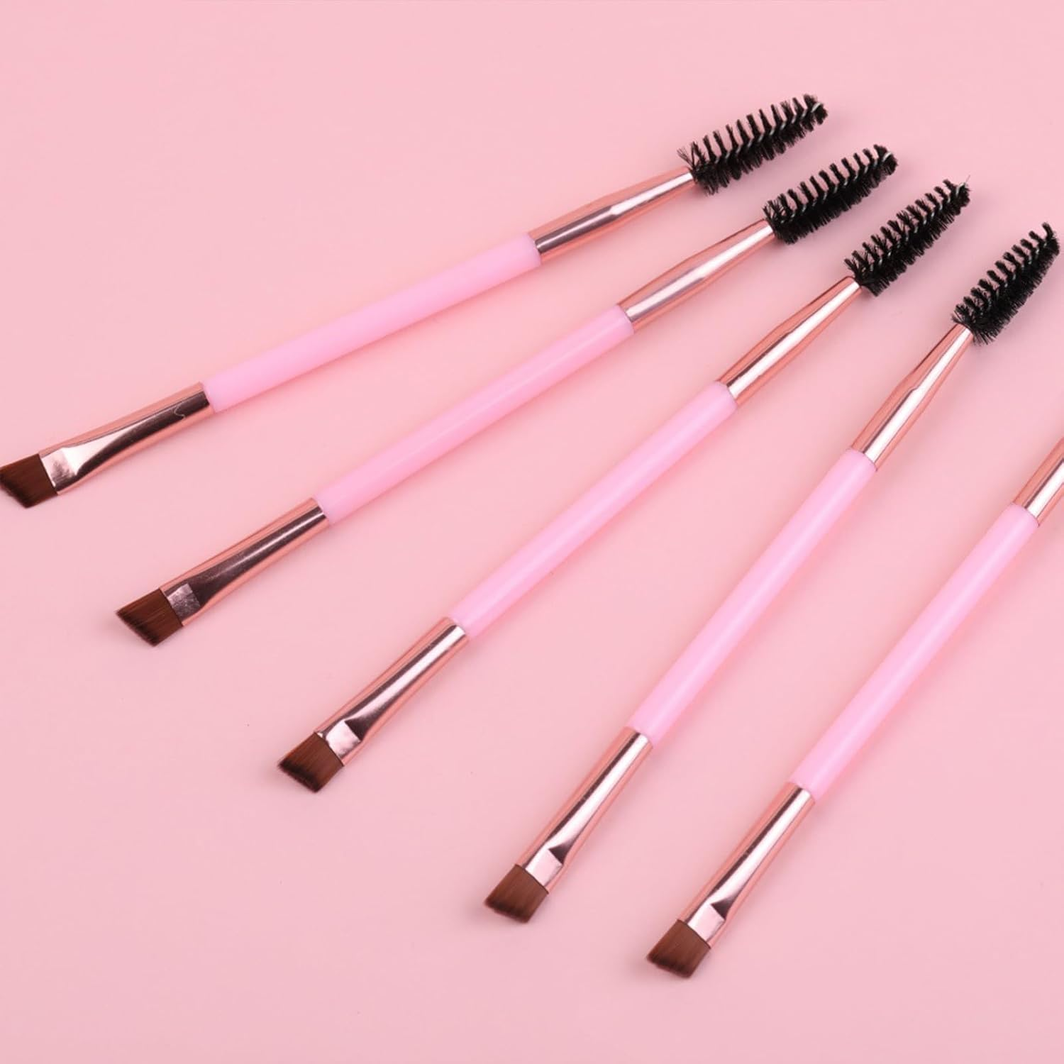 RIBHNXHI Duo Eyebrow Brush Spoolie Brush Angled Brow Brush Eyelash Brush for Eye Makeup Professional Makeup Brushes 5 Piece Set Pink Makeup Tools image number 5