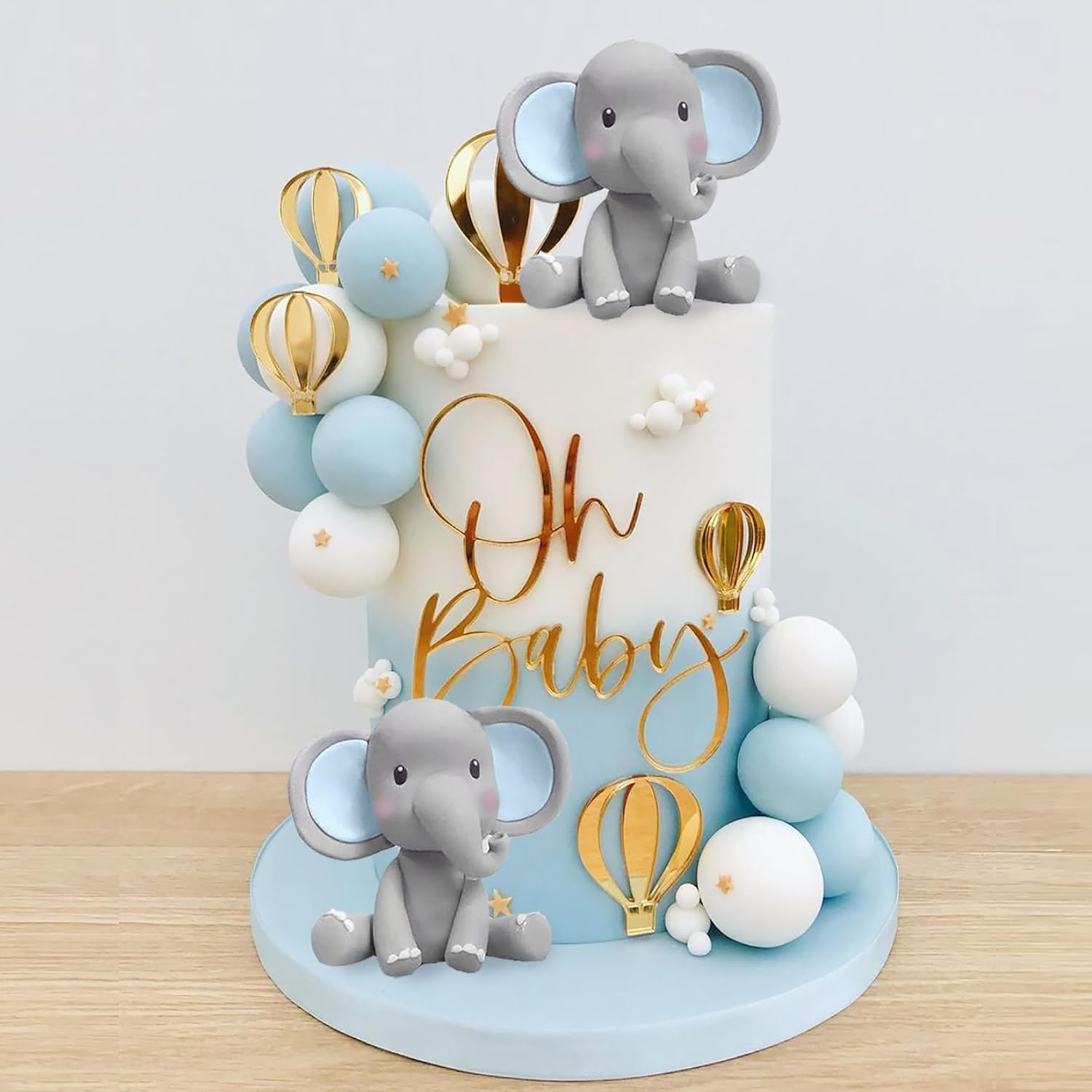 Elephant Cake Decoration with Mini Elephant Oh Baby Cake Topper Blue White Pearl Balls Hot Air Balloon for Baby Shower Boy Elephant Theme Birthday Party Supplies (BLUE) image number 4
