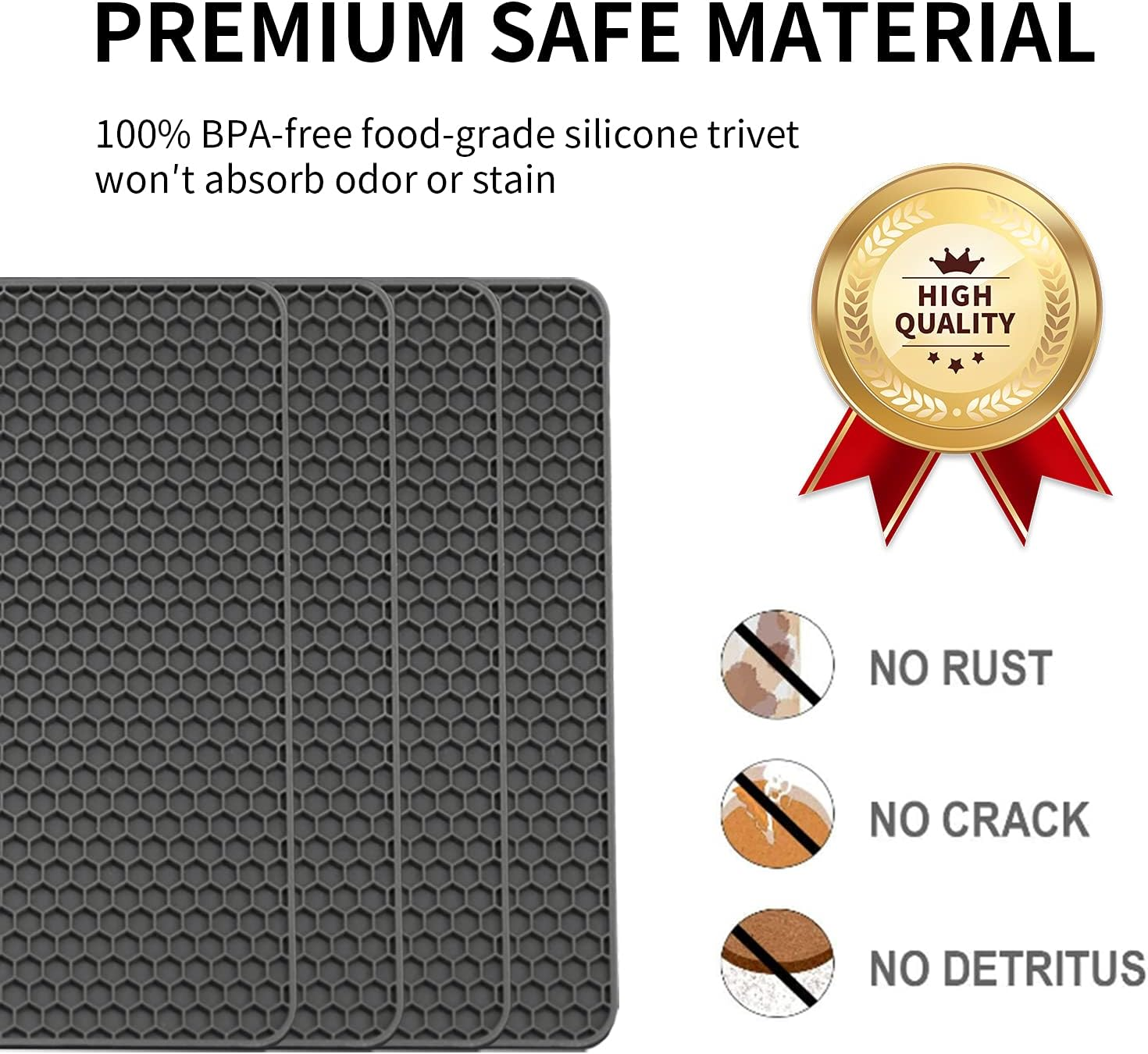 Silicone Pot Holders Set of 4- Silicone Trivets Mats for Hot Pan and Pot Pads. Heat Resistant Counter Mats for Tables, Countertops, Spoon Rest and Large Coasters, 4 Pack Dark Gray Squared Mats image number 6