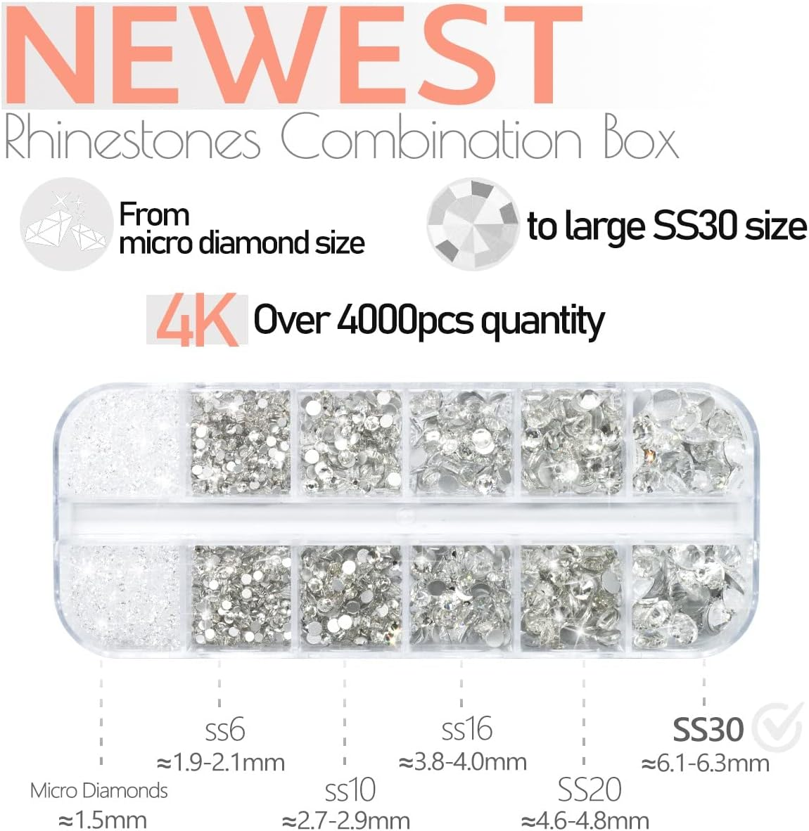 Qiipii 4010Pcs Nail Art Rhinestones Kit Crystal White Flatback Rhinestones 6 Sizes (1.6-6.1 Mm) up to SS30 round Clear Crystal Nail Gems Stones with Picking Pen, Tweezer for Nail DIY Craft Eyes Face - Blue image number 6